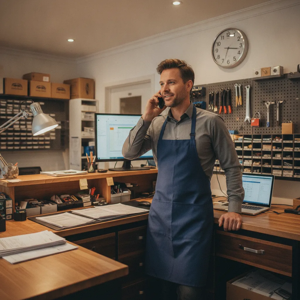 Small business owner taking an after hours answering service call at his shop counter in the evening