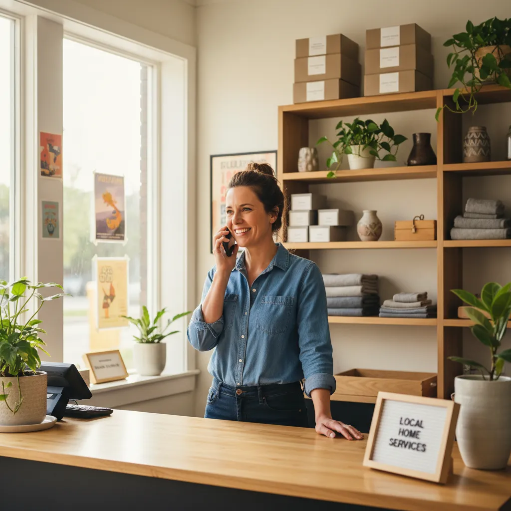 A small business owner answers a customer call at a bright service counter — ai answering service for small business