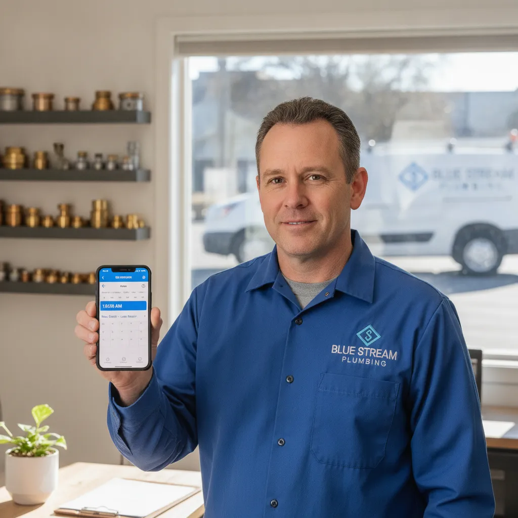 Service company owner reviewing an appointment booked by an AI appointment setter on a phone calendar