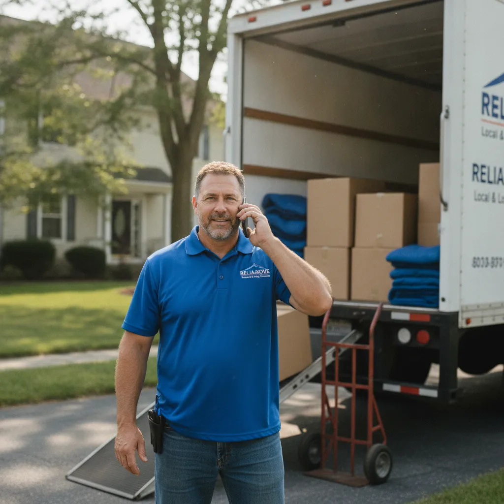 AI receptionist moving company intake running while a moving crew loads a truck on a bright morning