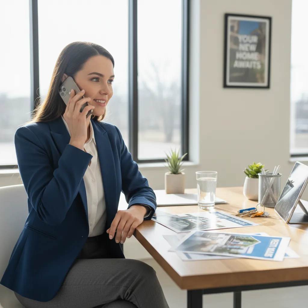 A property manager answers a phone call at a bright leasing office desk — answering service for property management companies