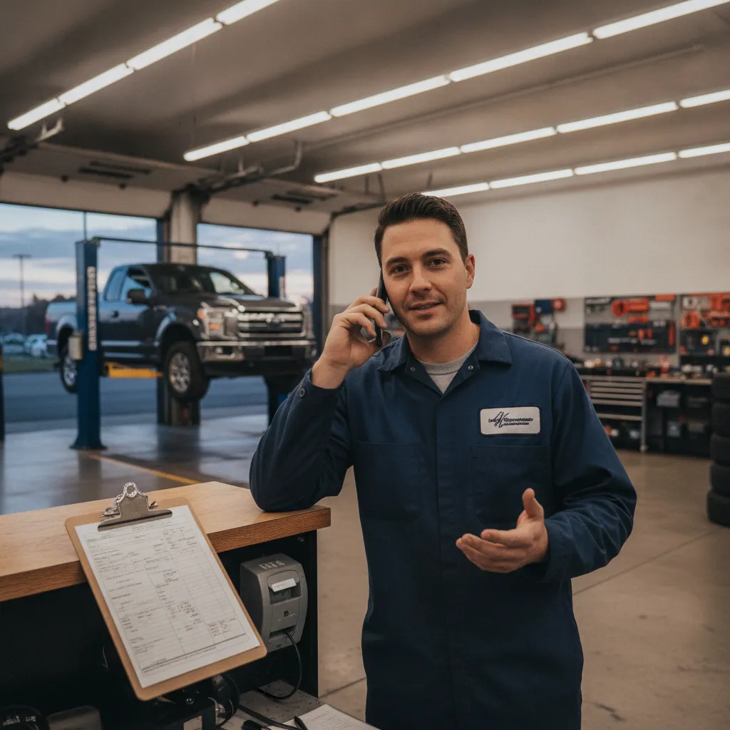 Auto mechanic taking auto repair after hours calls at the service counter with a pickup on the lift behind him