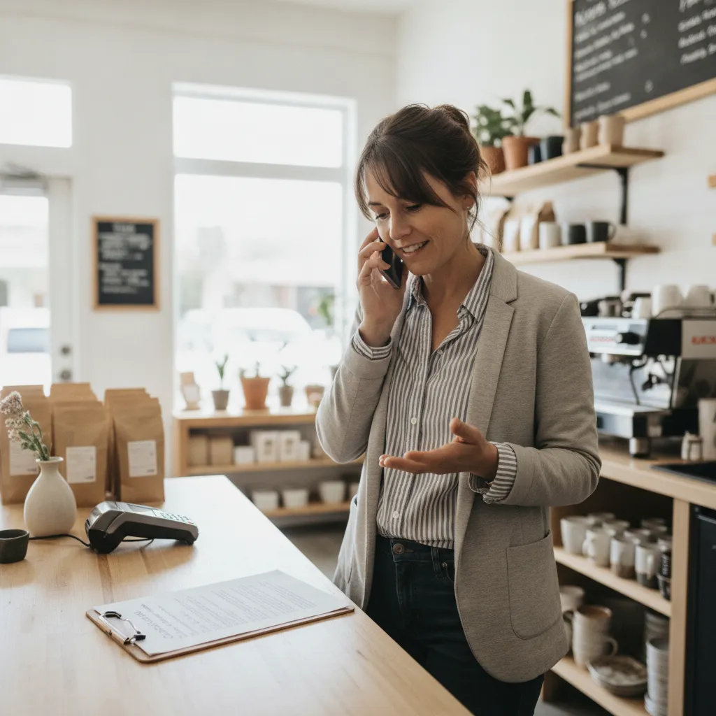 Small business owner answering a call at the service counter while checking a call script on a clipboard