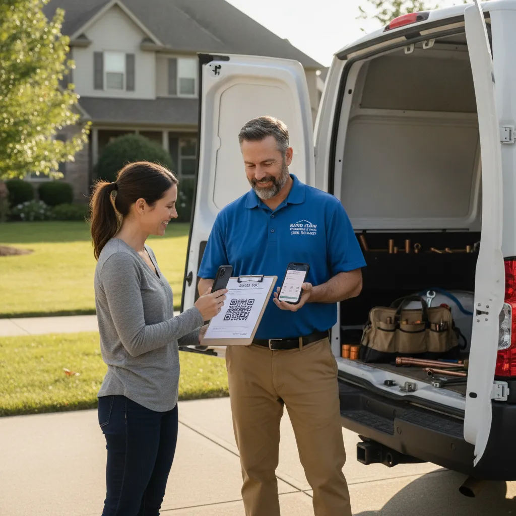 Plumbing contractor at his work van sharing a Google review link QR code with a homeowner in her driveway