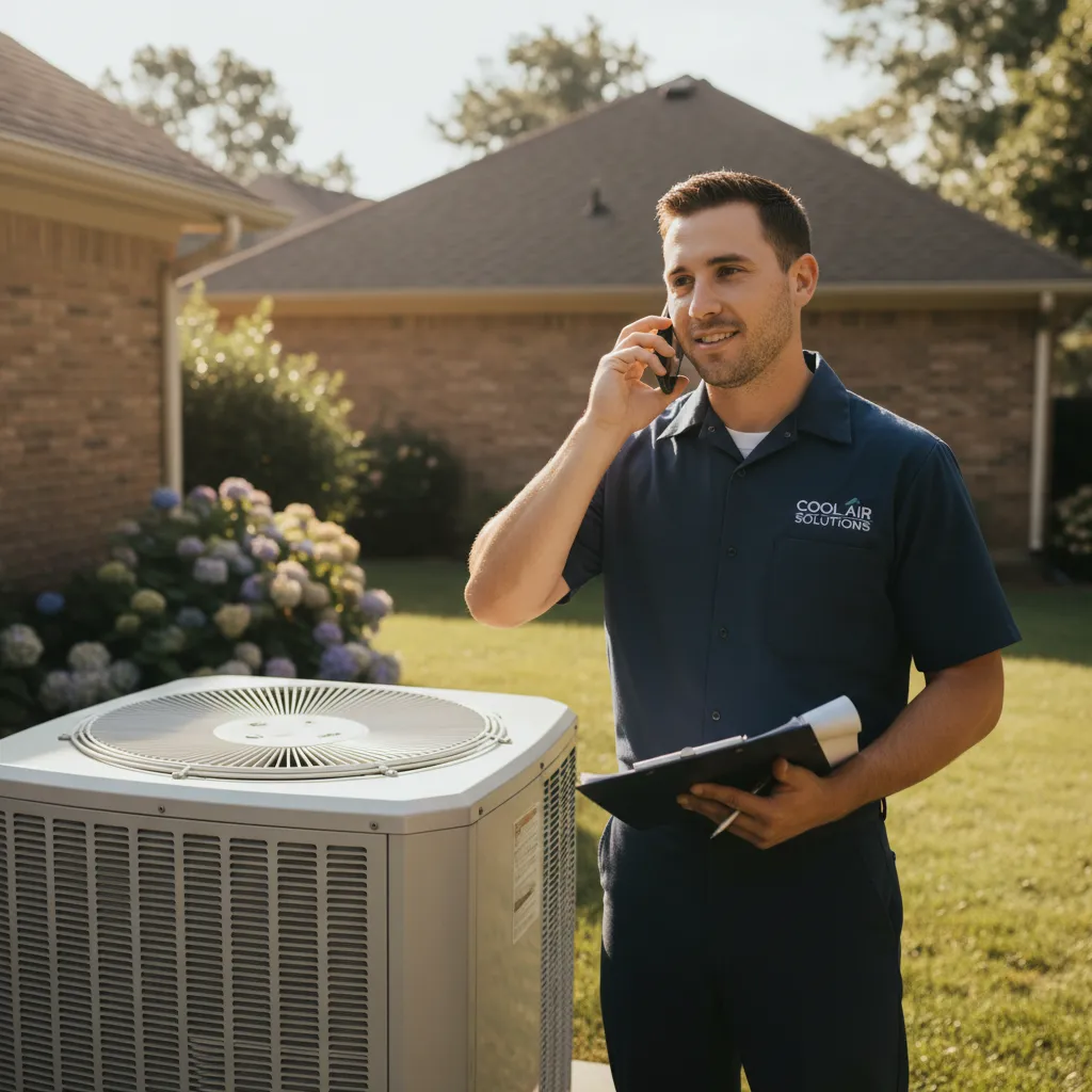 HVAC technician answering phone beside an AC unit — choosing the right hvac call answering service