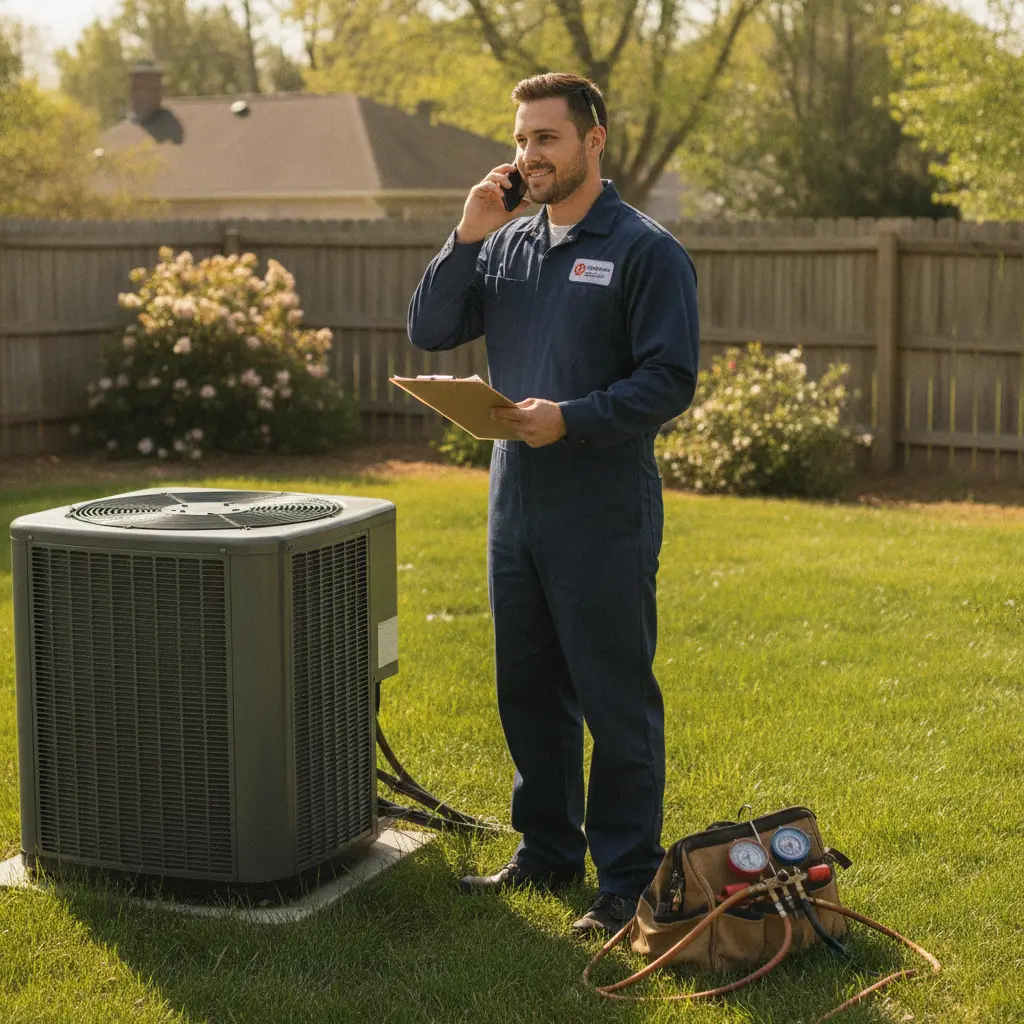 HVAC technician using an HVAC specialty answering service to take a service call beside a residential AC condenser unit