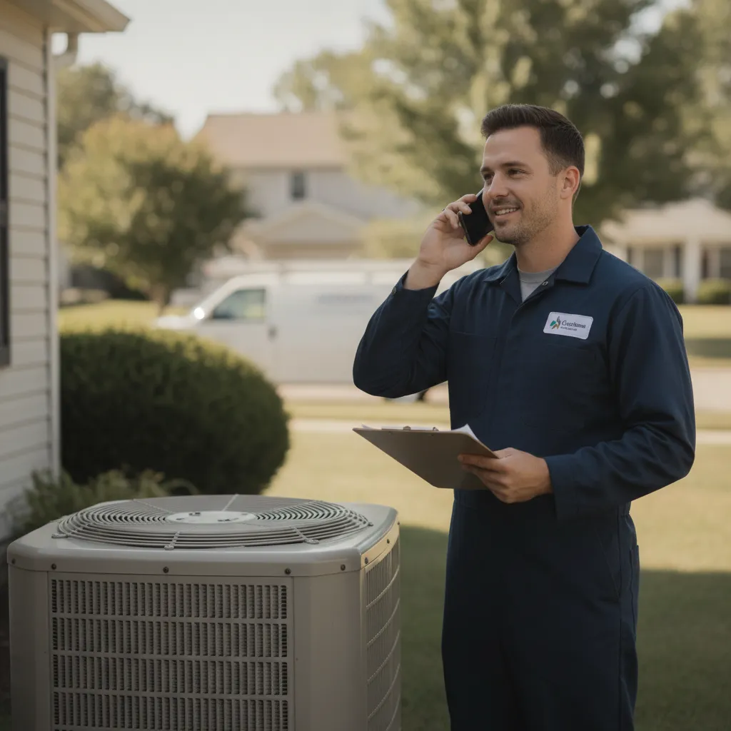 HVAC virtual receptionist scenario: an HVAC technician takes a service call beside a residential AC condenser unit