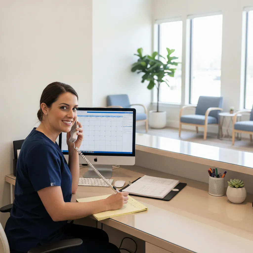 Medical answering service receptionist taking a patient call at a bright clinic front desk