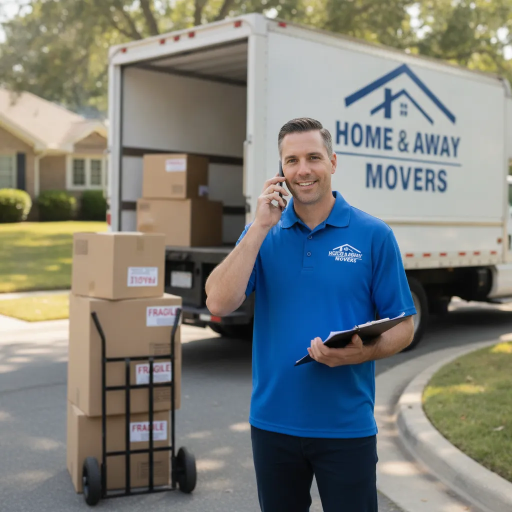 Moving company dispatcher answers the phone beside a loaded moving truck on a sunny morning — moving company intake script