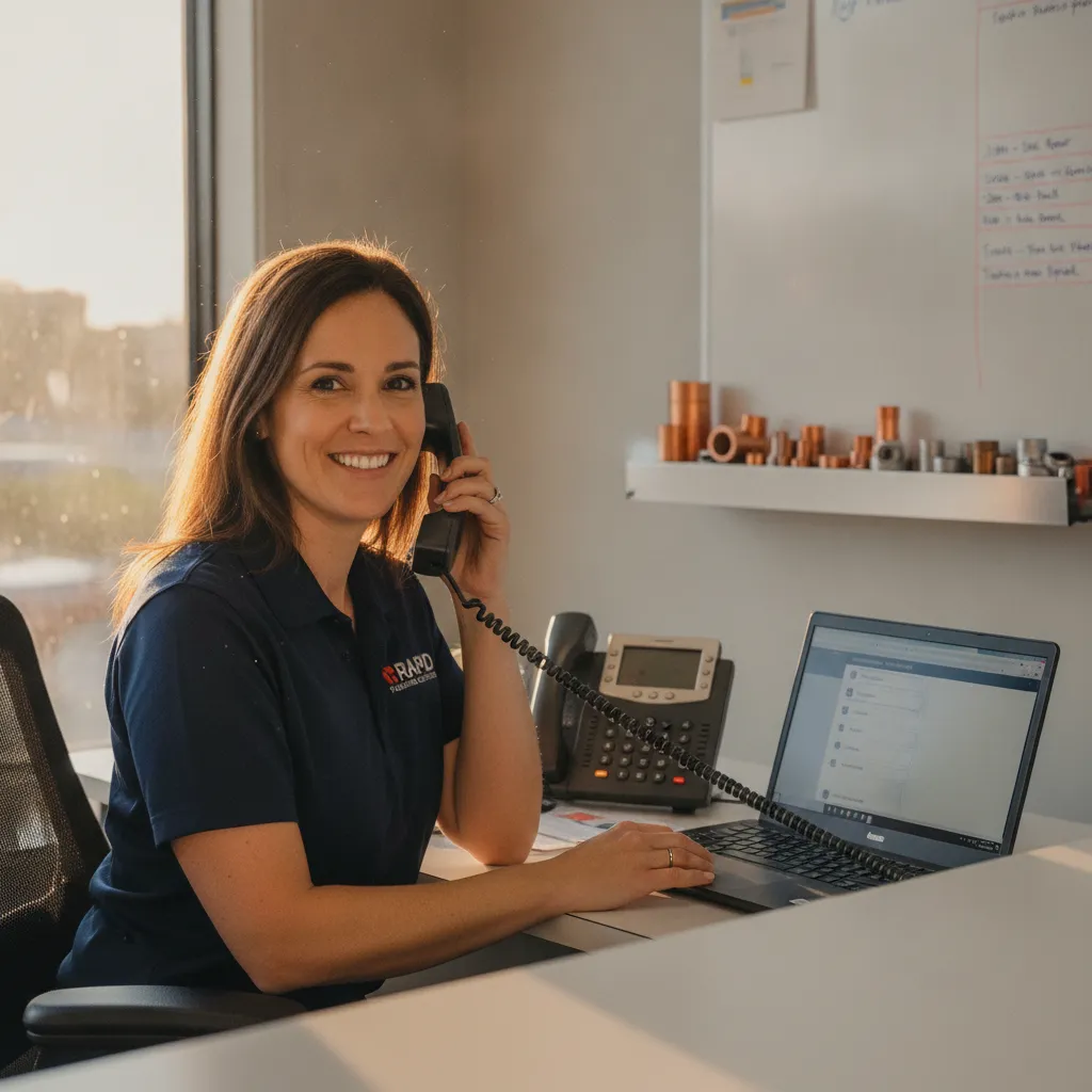 Office manager at a plumbing company front desk answering a call routed by one of the phone systems with auto attendant