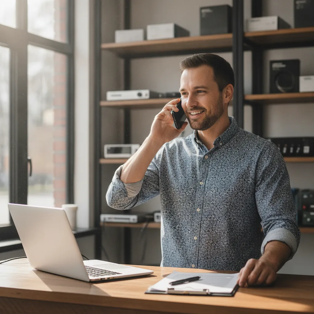 Small business owner evaluating a Posh Virtual Receptionist alternative while answering a call at his shop counter