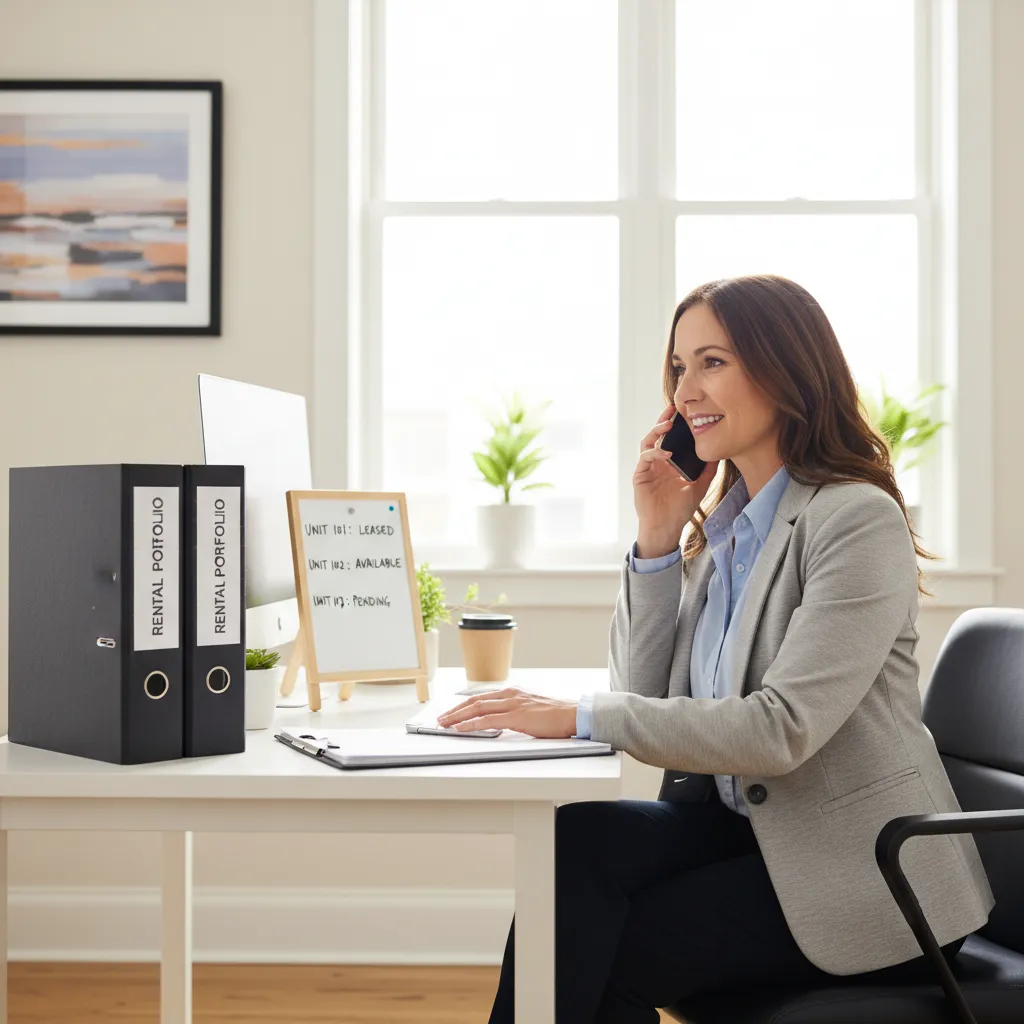 Property manager answering a leasing call at a bright office desk — property management call answering service