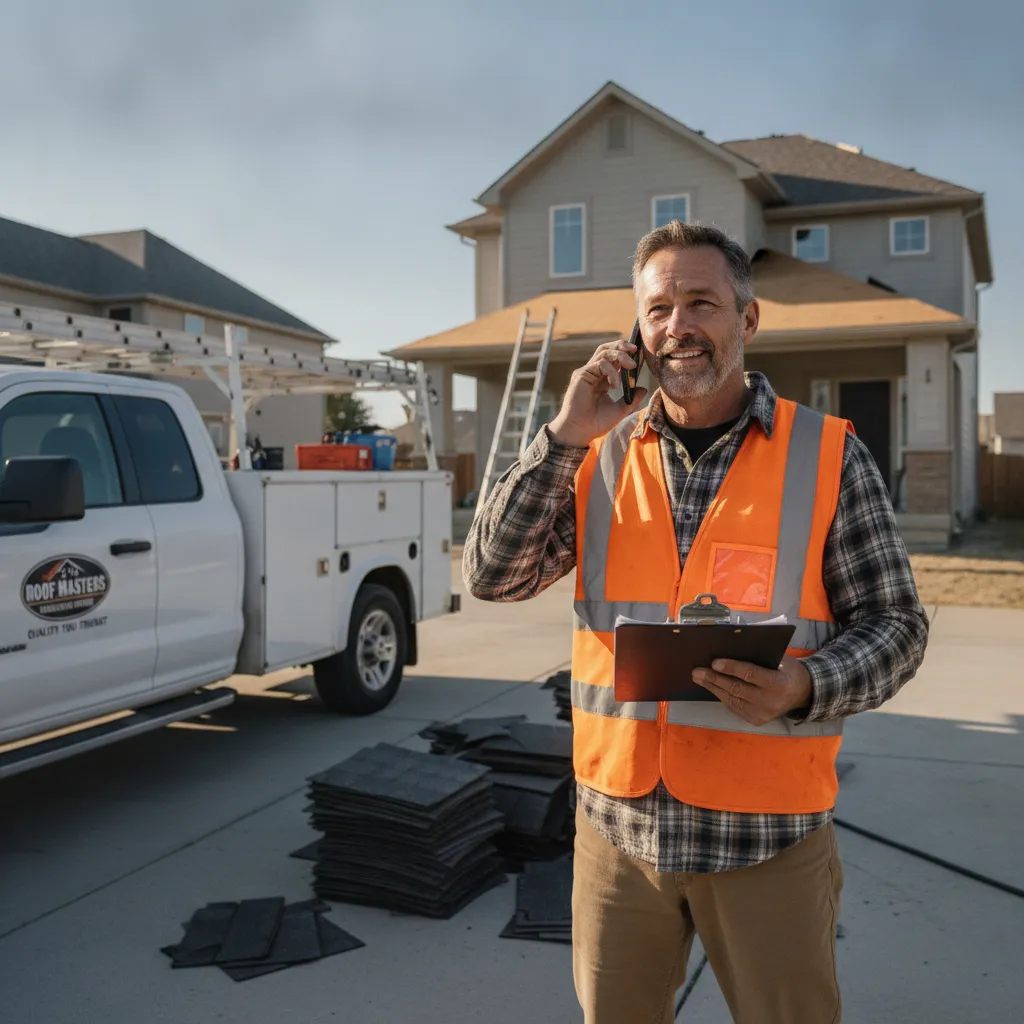 Roofer in a high-vis vest taking a roofing answering service call in a suburban driveway on a bright day