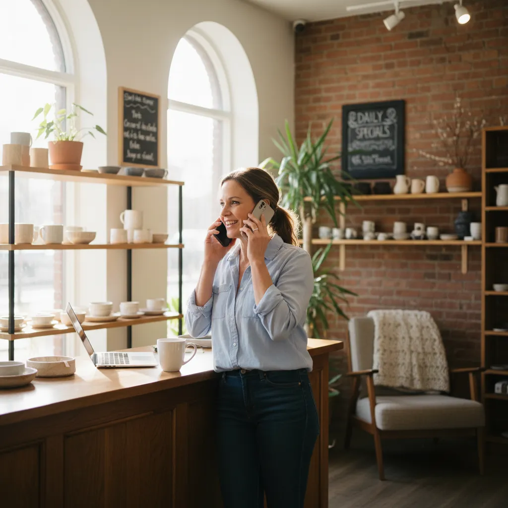 A small business owner answers a call at a bright service counter — virtual receptionist for small business