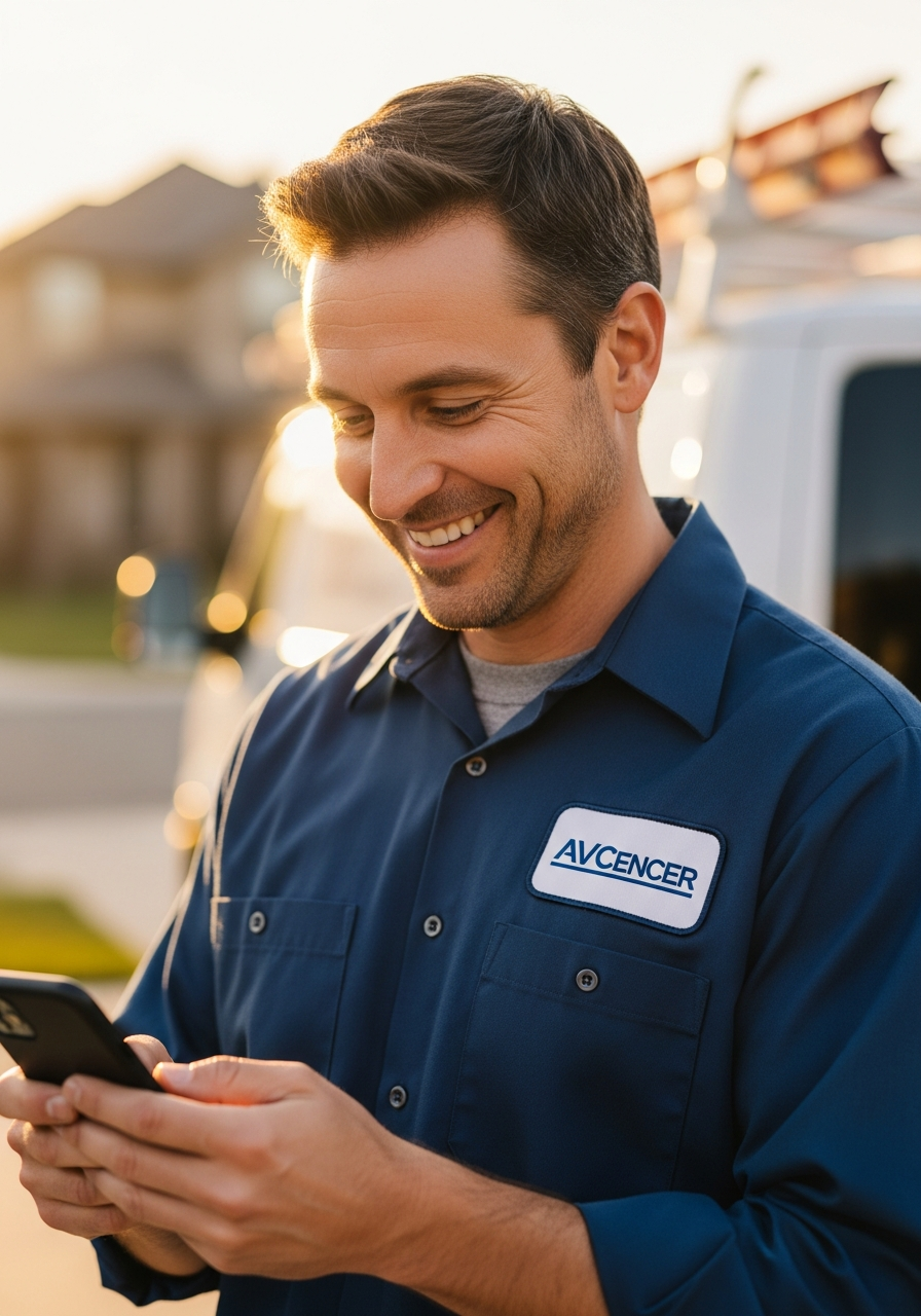 Trades contractor smiling at his phone after receiving a 5-star Google review notification
