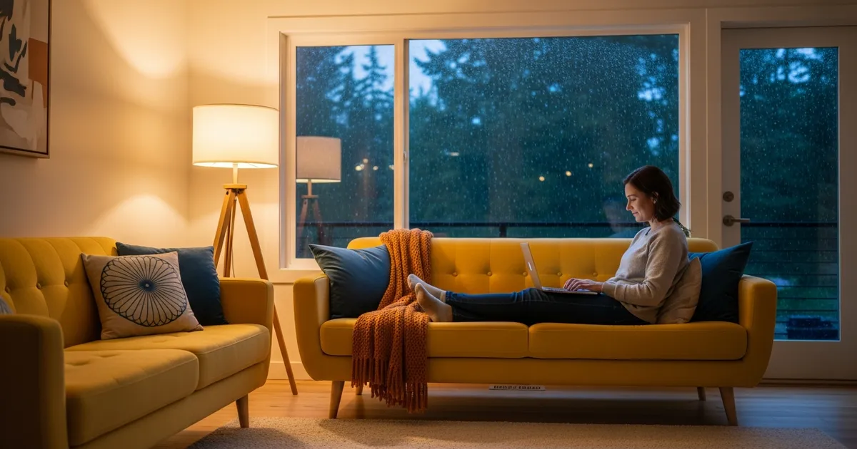 Homeowner using a laptop on the couch at night while it rains outside