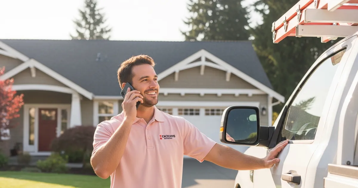 Roofing contractor answering a call beside his work truck outside a Pacific Northwest home