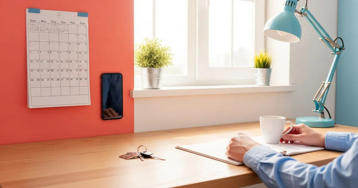 A wall calendar, smartphone, coffee and house keys on a sunlit desk