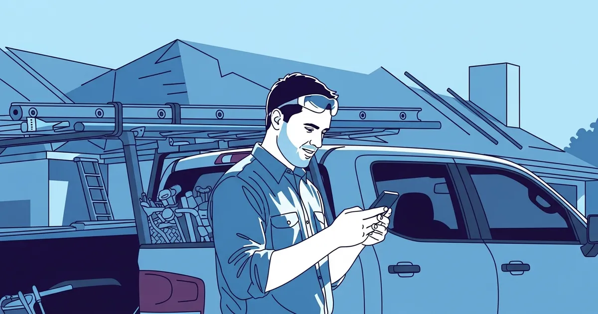 Roofing contractor quickly checking his phone beside his truck at a job site