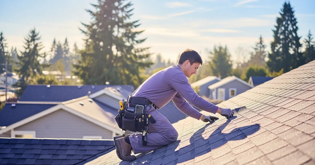 Roofer working on a residential roof with a smartphone tucked in his tool belt
