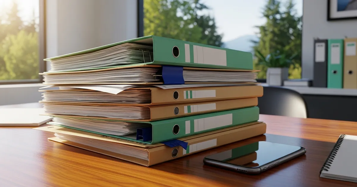 Old paper job folders beside a smartphone on a warm wooden desk